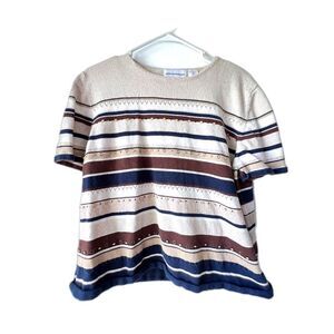 Women short sleeve top boho minimalist cream brown blouse bohemian size XL